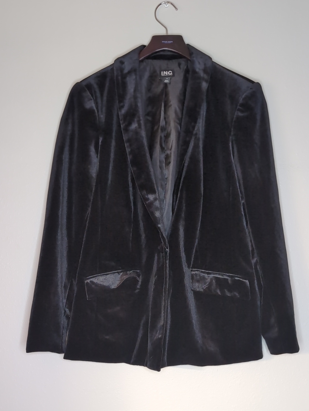INC International Concepts Black Velvet Blazer with Satin Trim